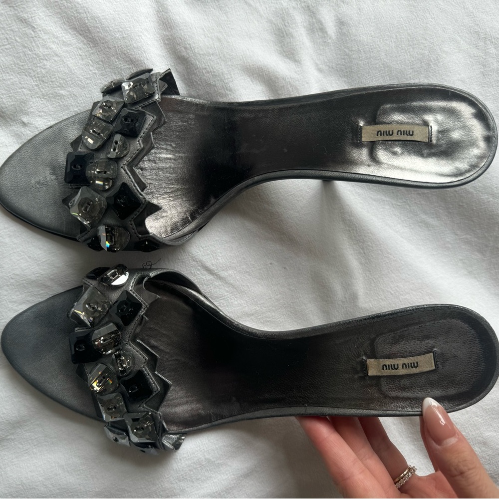 Miu Miu Black and Silver Embellished Mules